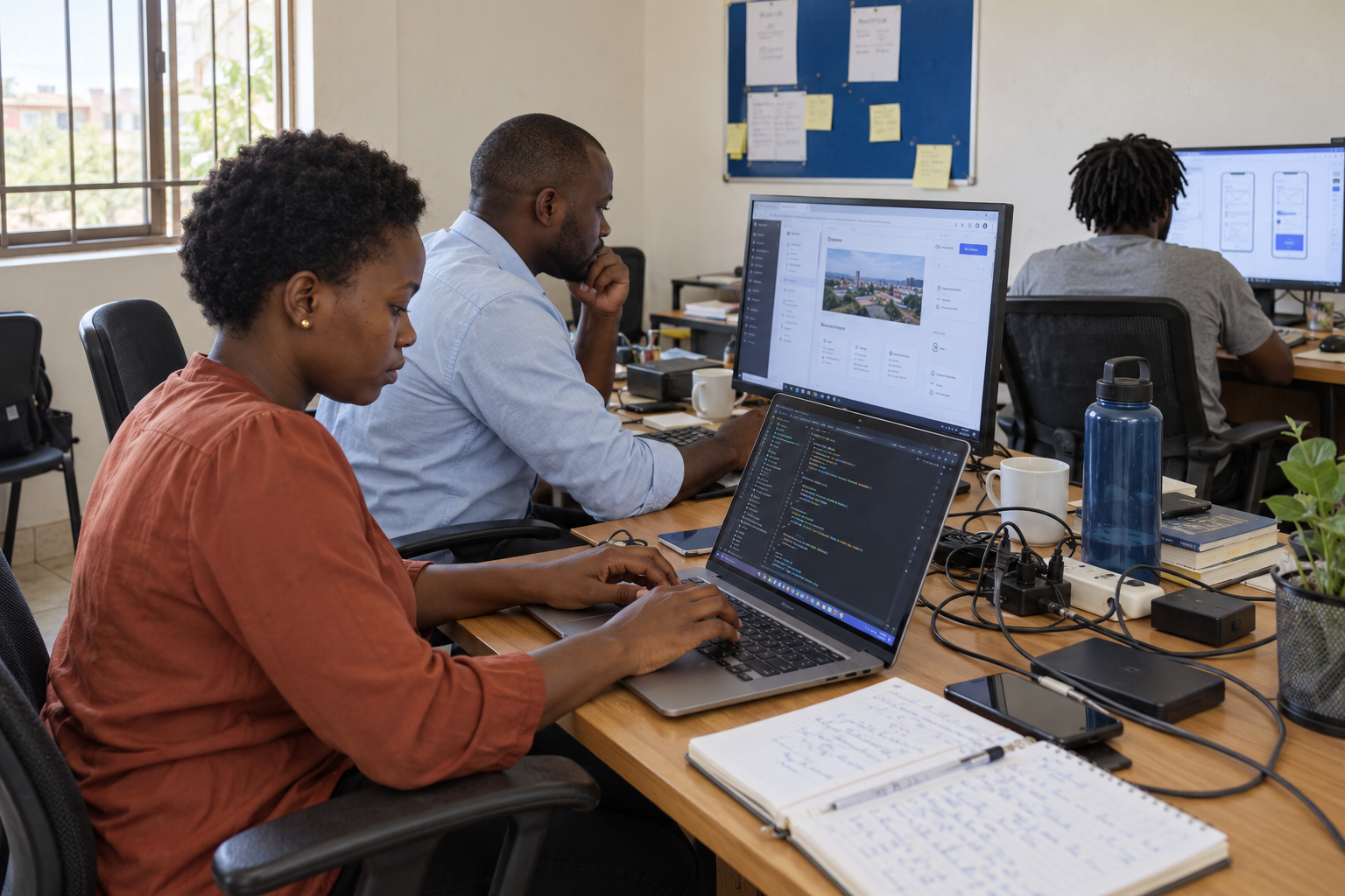 Illustrative coding lab with developers writing code, reviewing a web application and designing mobile interfaces
