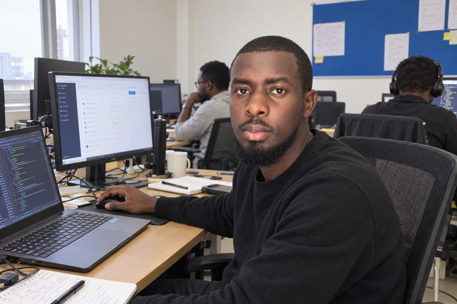 AI-created portrait based on the supplied photo: the man wears a black jumper in a coding lab